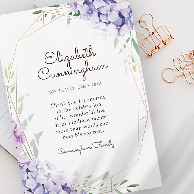 Memorial Funeral Hydrangea Lilac Flowers Geometric Thank You Card (Creator Uploaded)