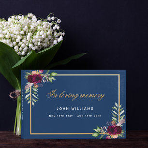 Memorial funeral in loving memory blue gold floral guest book
