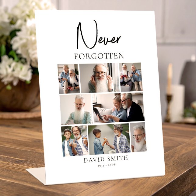 Memorial Funeral Minimalist Photo Collage Pedestal Sign (Memorial Funeral Minimalist Photo Collage Pedestal Sign, Loss of Dad Gift)