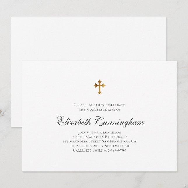 Memorial Funeral Minimalist with Faux Gold Cross Invitation (Front/Back)