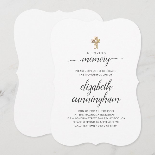 Memorial Funeral Minimalist with Faux Gold Cross Invitation (Front/Back)