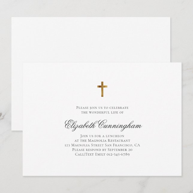 Memorial Funeral Minimalist with Faux Gold Cross Invitation (Front/Back)