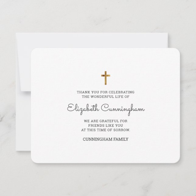 Memorial Funeral Modern And Simple Gold Cross Thank You Card (Front)
