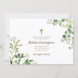 Memorial Funeral Modern Cross Foliage Botanicals Thank You Card