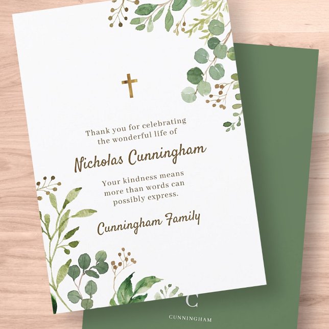 Memorial Funeral Modern Cross Foliage Botanicals Thank You Card (Creator Uploaded)
