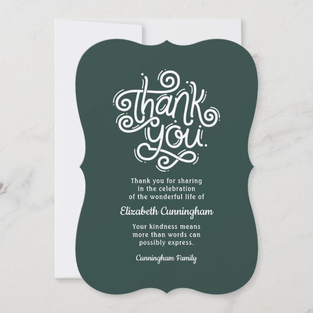 Memorial Funeral Modern Cursive Calligraphy Thank You Card (Front)