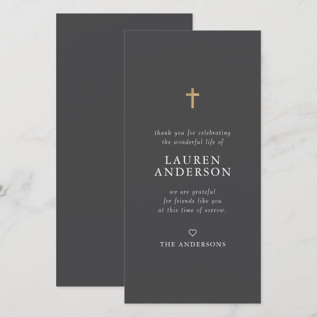 Memorial Funeral Modern Simple Chic Gold Cross Thank You Card (Front/Back)