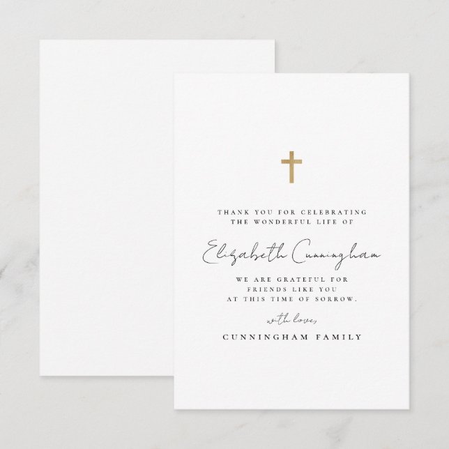 Memorial Funeral Modern Simple Faux Gold Cross Thank You Card (Front/Back)