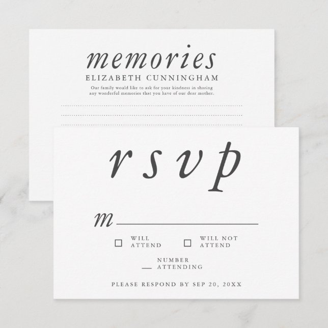 Memorial Funeral Modern Simple Memories Reply RSVP Card (Front/Back)