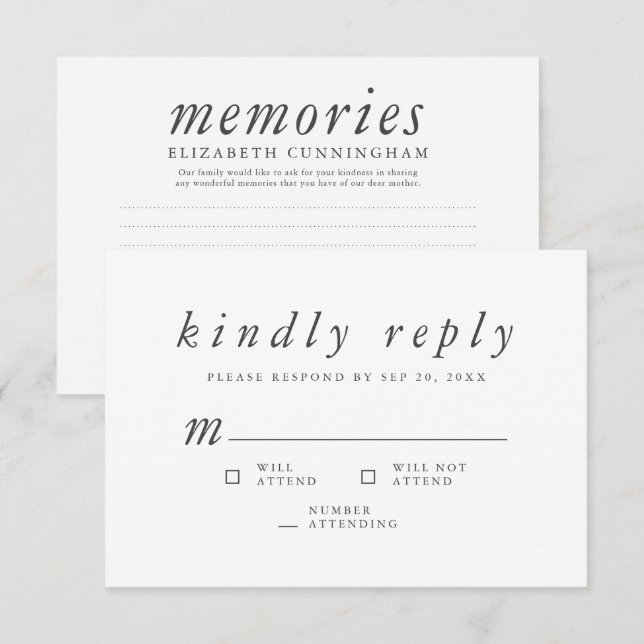 Memorial Funeral Modern Simple Memories Reply RSVP Card (Front/Back)
