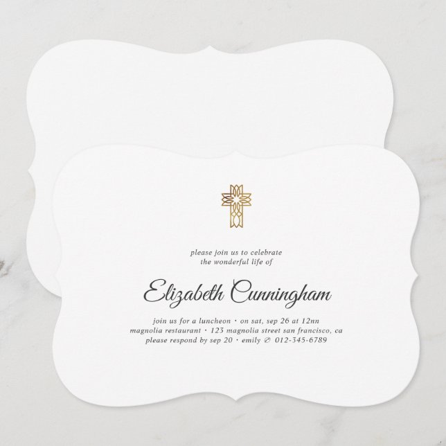 Memorial Funeral Modern with Faux Gold Cross Invitation (Front/Back)