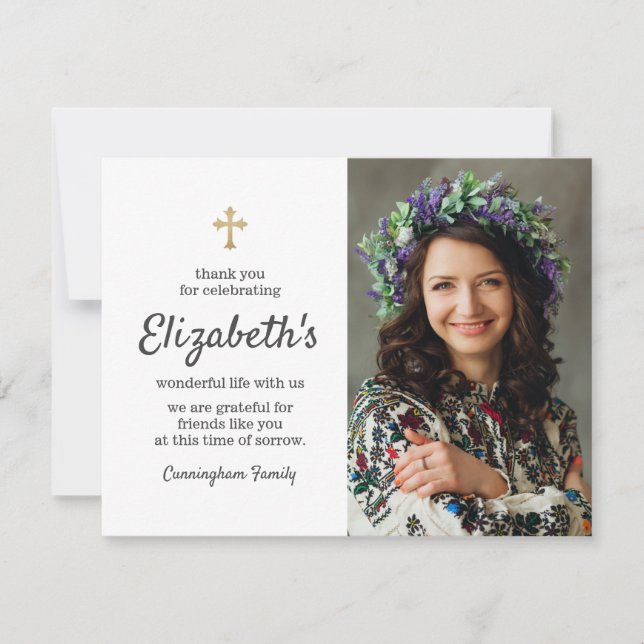Memorial Funeral Ornate Gold Cross Photo Thank You Card (Front)