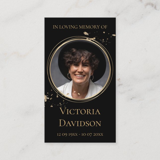 Memorial Funeral Photo Prayer Golden Round Frame Business Card (Front)