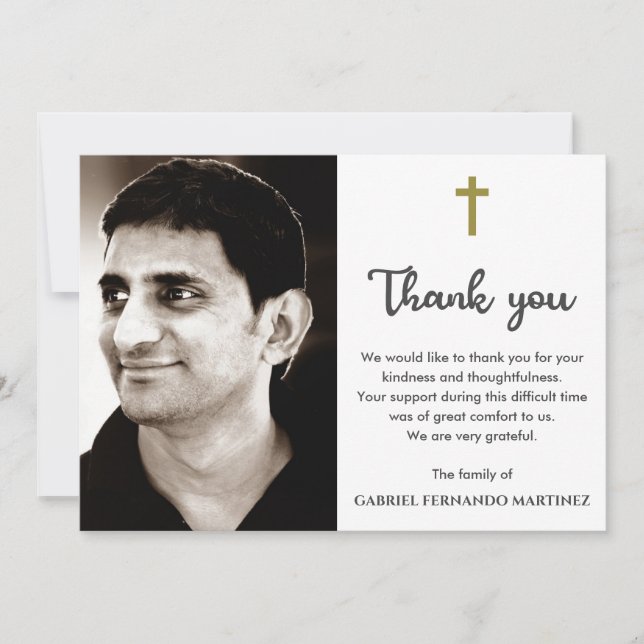 Memorial Funeral Photo Religious Christian Cross Thank You Card (Front)