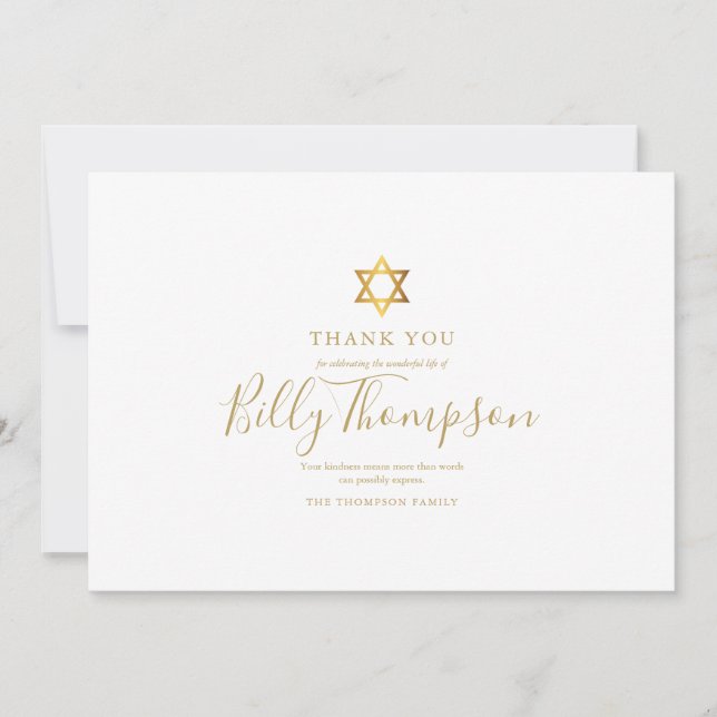 Memorial Funeral PhotoGold Star of David Jewish  Thank You Card (Front)