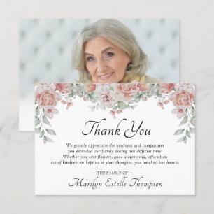 Memorial Funeral Pink Floral Watercolor Photo Thank You Card