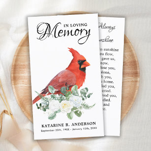 Memorial Funeral Prayer Card Cardinal Floral Roses