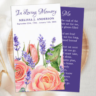 Memorial Funeral Prayer Card Lavender Peach Roses