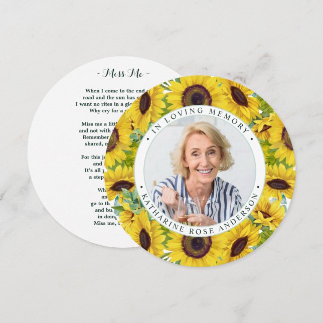 Memorial Funeral Prayer Card Sunflower Floral  (Front/Back)