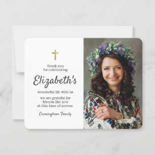 Memorial Funeral Simple Gold Cross Photo Thank You Card