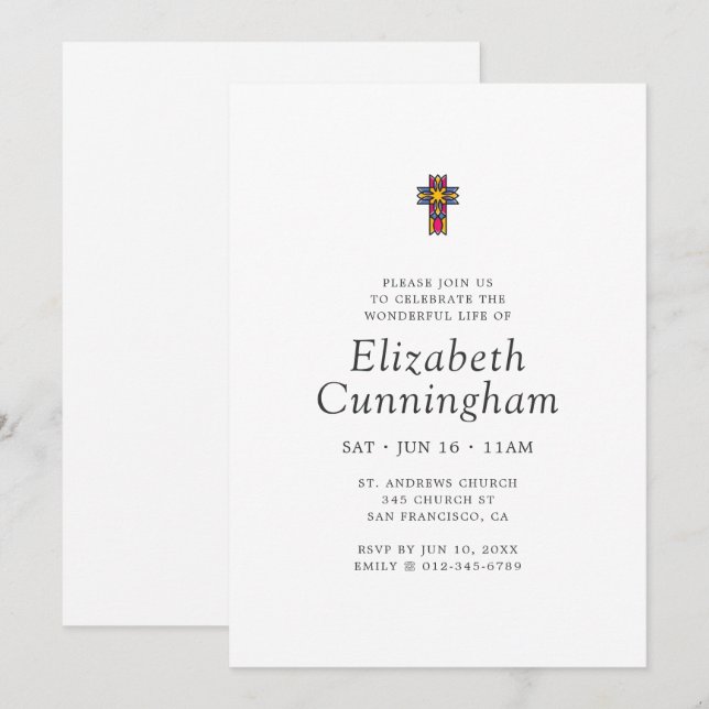 Memorial Funeral Simple Minimalist Ornate Cross Invitation (Front/Back)