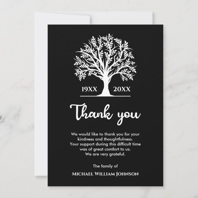 Memorial Funeral Tree Of Life Black And White Thank You Card (Front)