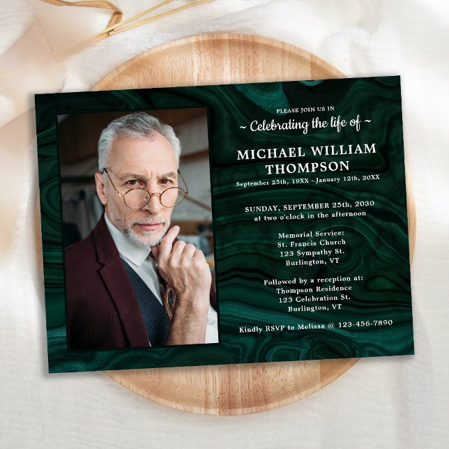 Memorial Green Marble Photo Celebration Of Life Invitation Postcard (Creator Uploaded)
