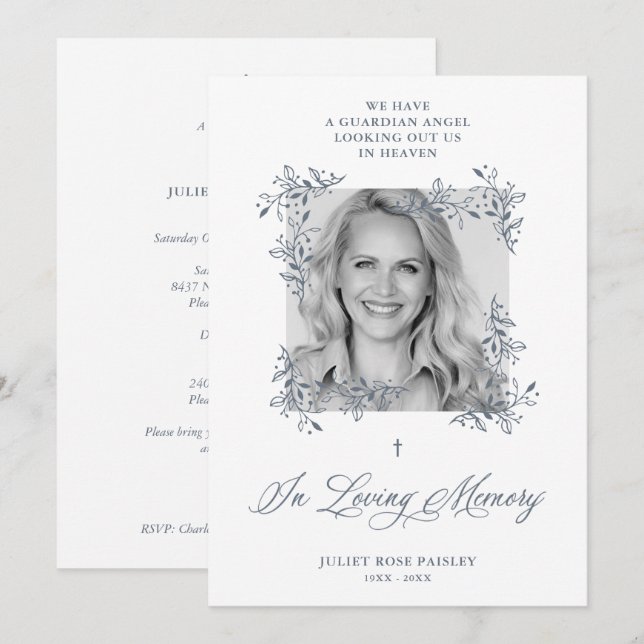 Memorial Hand Lettered Chic Flourish Grey Funeral Invitation (Front/Back)