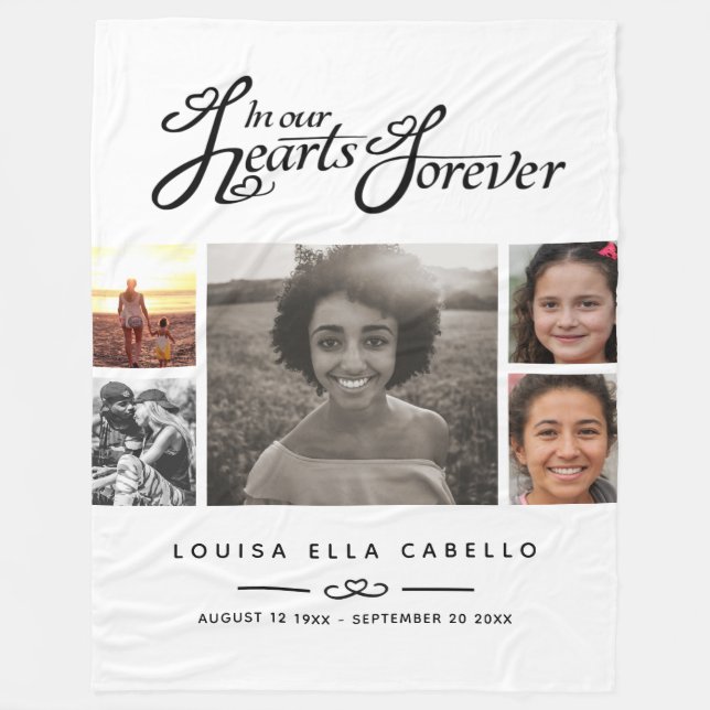 Memorial in hearts forever photo black text white fleece blanket (Front)