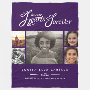 Memorial in hearts forever photo purple white text fleece blanket