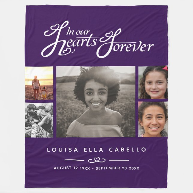 Memorial in hearts forever photo purple white text fleece blanket (Front)