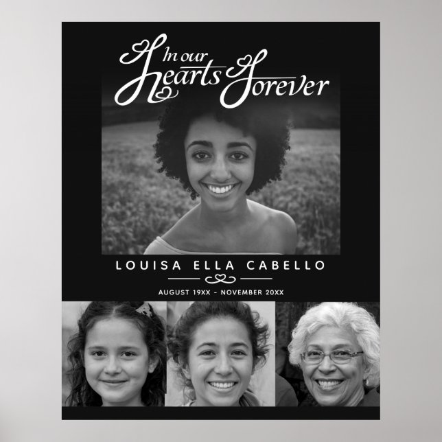 Memorial in hearts photos funeral black white poster (Front)