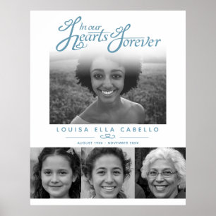 Memorial in hearts photos funeral grey blue white poster