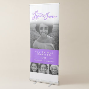 Memorial in hearts photos funeral white purple retractable banner