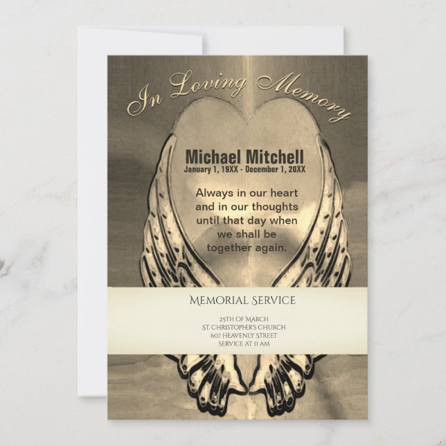 Memorial Invitation | Gold Heart w/ Angel Wings (Front)