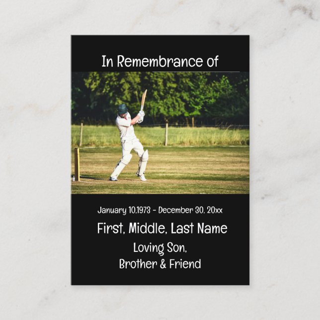 Memorial Keepsake Cricket Player Game Business Card (Front)