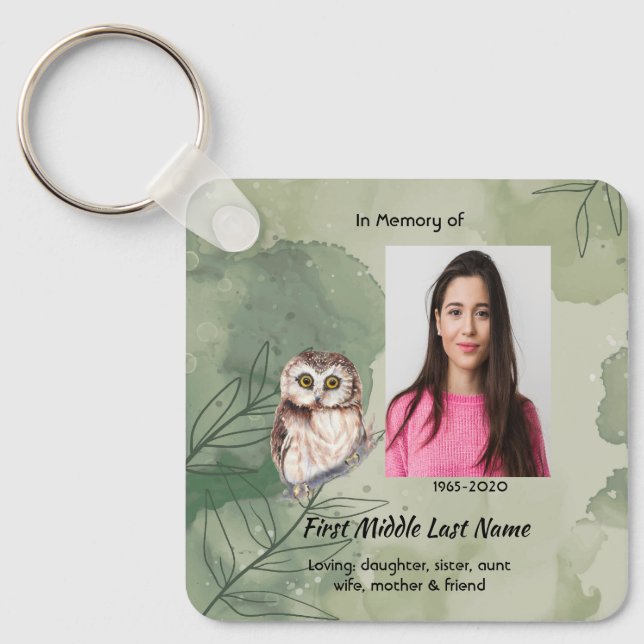 Memorial Keepsake Cute Owl Bird Key Ring (Front)