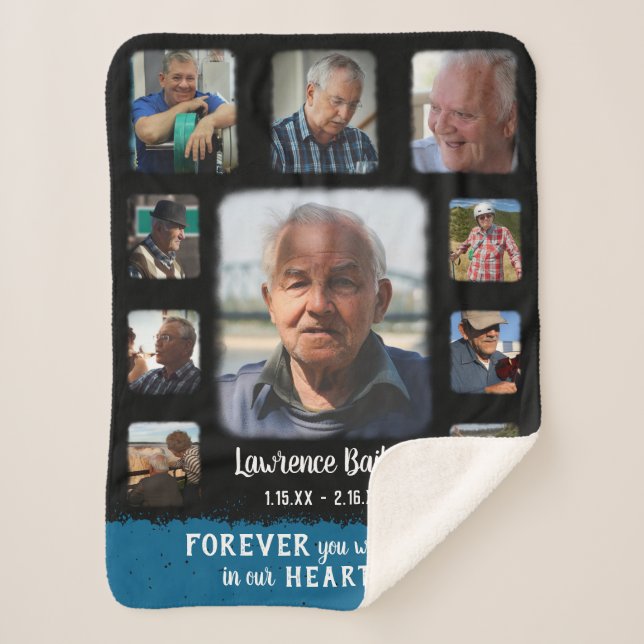 Memorial Keepsake Edge Fade Photo Collage Bk Blue Sherpa Blanket (Front)