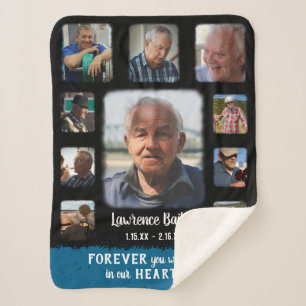 Memorial Keepsake Edge Fade Photo Collage Blk Blue Sherpa Blanket