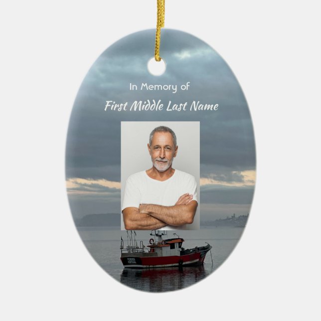Memorial Keepsake  Fishing Boat Fisherman Ceramic Tree Decoration (Front)