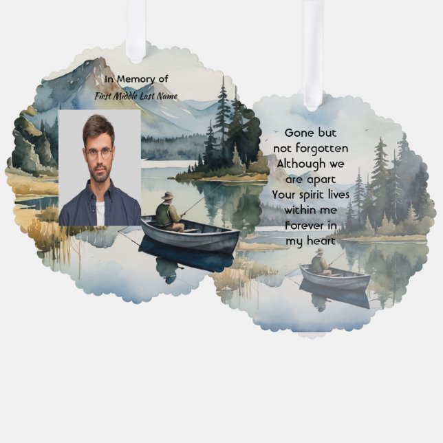 Memorial Keepsake Fishing Lake in Boat Tree Decoration Card (Front/Back)