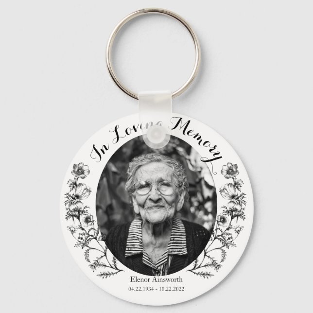 Memorial Keepsake Floral Custom Photo White Key Ring (Front)
