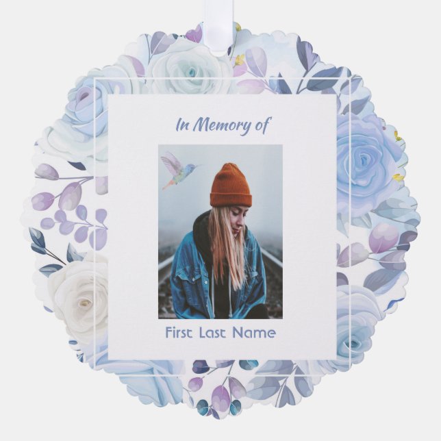 Memorial Keepsake Hummingbird Blue Roses  Tree Decoration Card (Front)