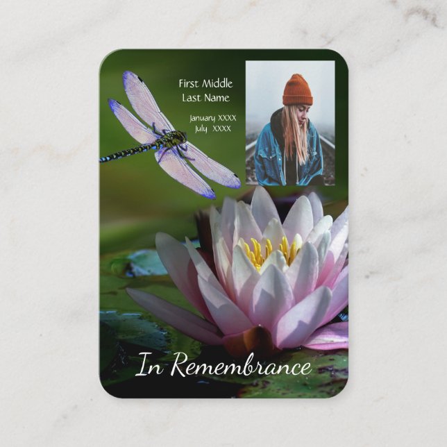 Memorial Keepsake Memorial Dragonfly Lotus Flower  Business Card (Front)