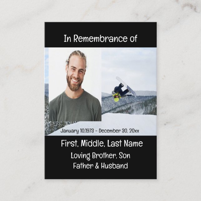 Memorial Keepsake  Snow Boarding Business Card (Front)