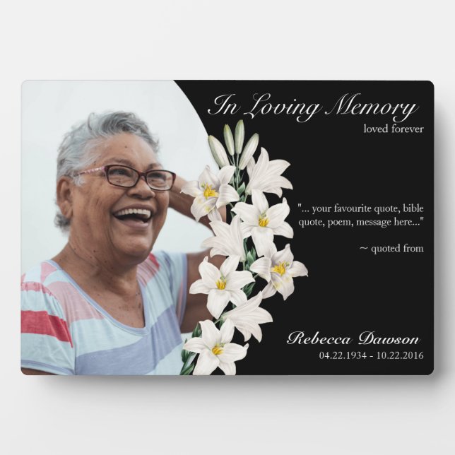 Memorial Lily Floral Keepsake Black Custom Photo Plaque (Front)