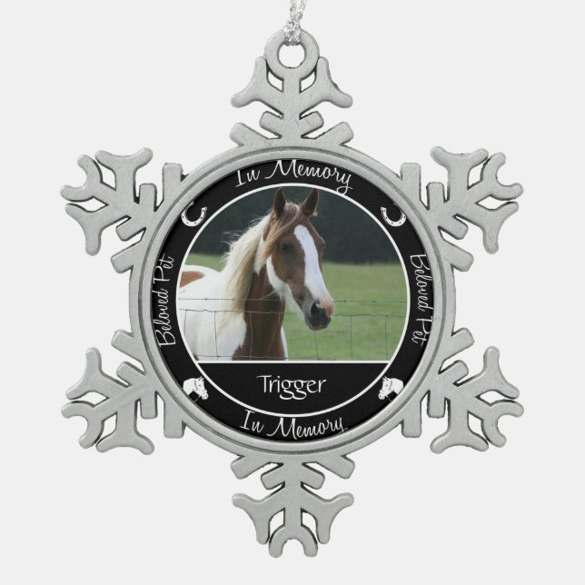 Memorial - Loss of Horse- Custom Photo/Name Snowflake Pewter Christmas Ornament (Front)