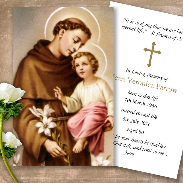 Memorial Loss St Anthony Prayer Sympathy Cards (catholic, religious, celebration of life, in loving memory of, prayer cards for bereavement)
