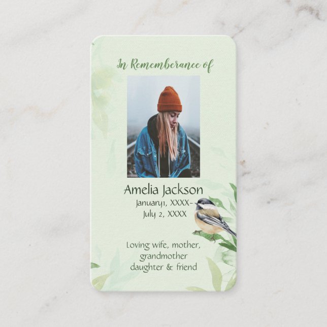 Memorial Memory Card Chickadee Spring Trees (Front)
