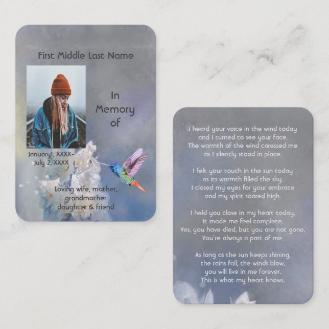 Memorial Memory Card Hummingbird White Flowers (Front/Back)